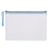 A white mesh zipper bag with a light blue drawstring for classroom and organization use.