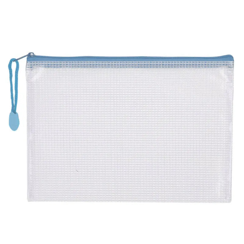 A white mesh zipper bag with a light blue drawstring for classroom and organization use.