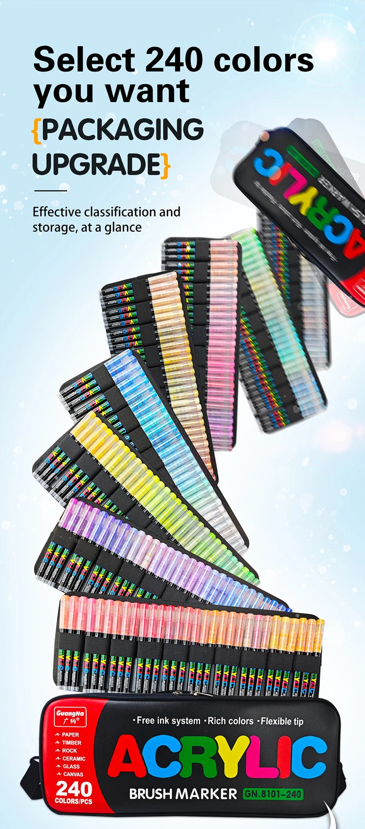 A set of acrylic paint markers in various colors and tips displayed in a stack against a light blue background.