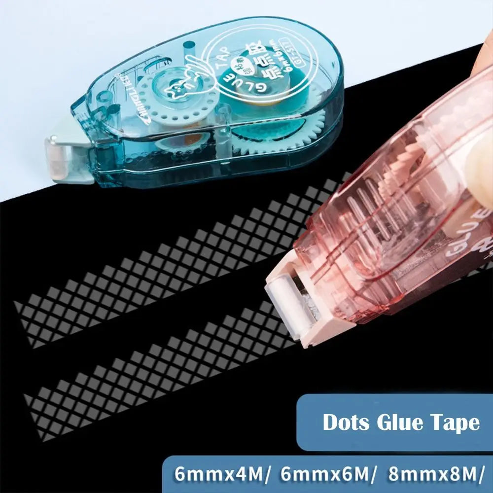 A close-up view of dots glue tape in various widths and thicknesses laid out on a black surface.