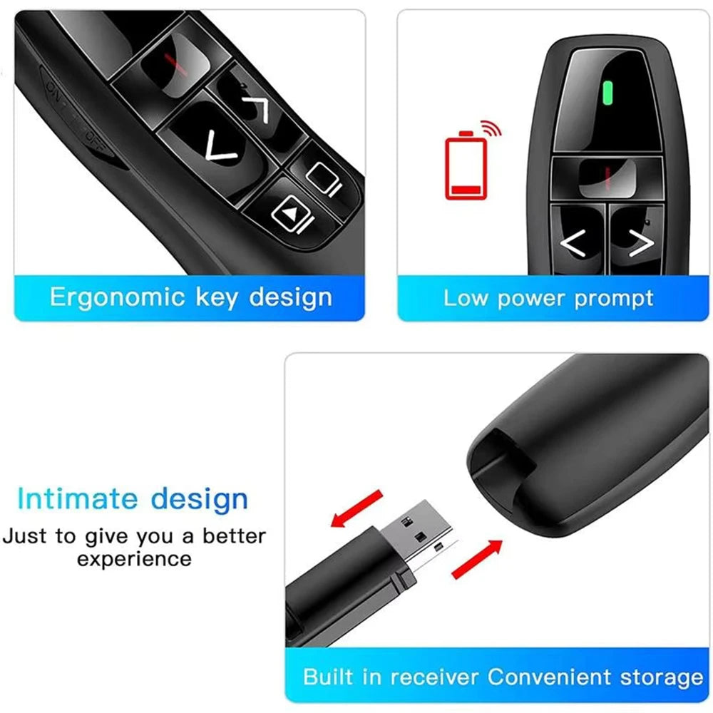 Black presentation pen pointer with ergonomic design and low power prompt features