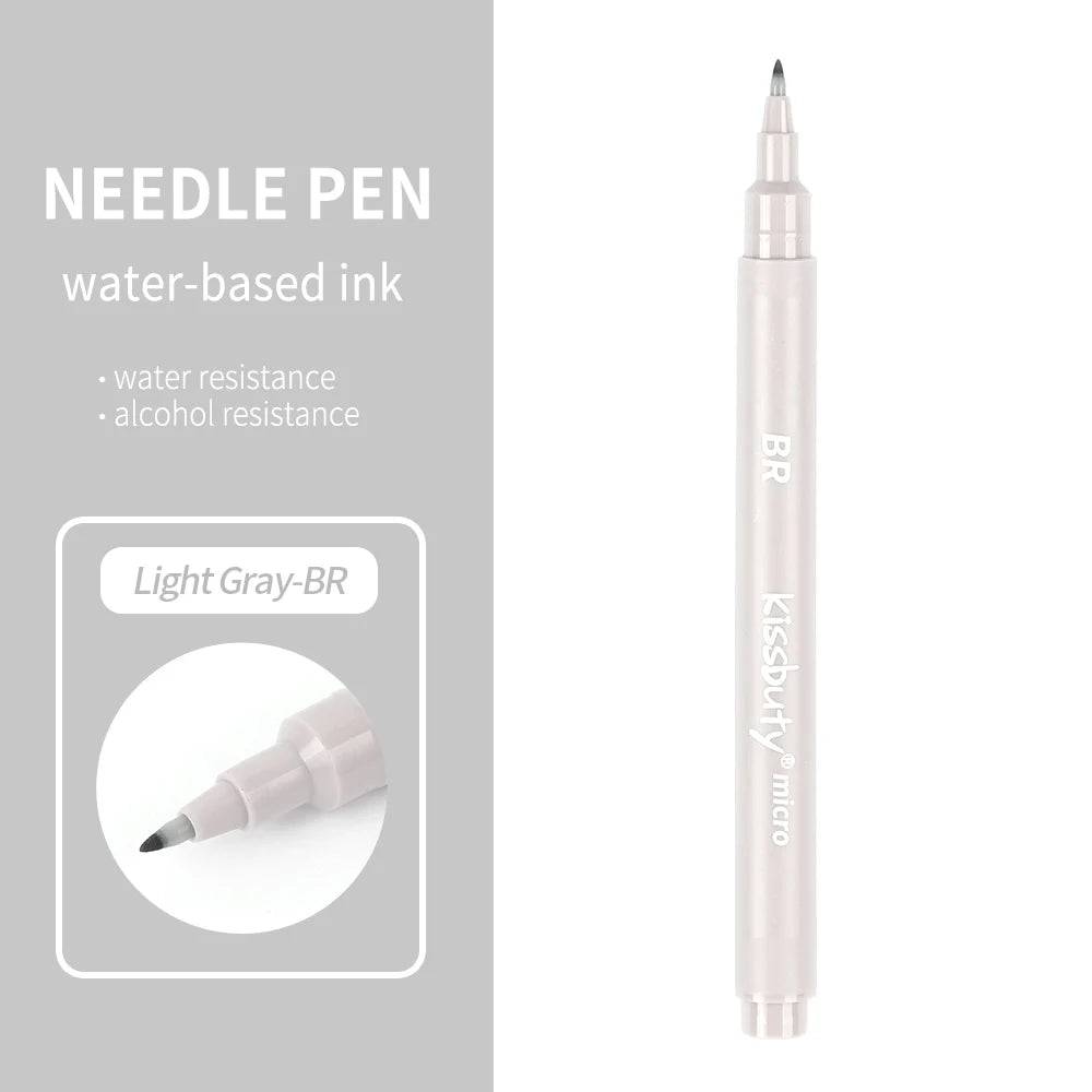A light gray needle pen with a silver tip and black ink, labeled BR.
