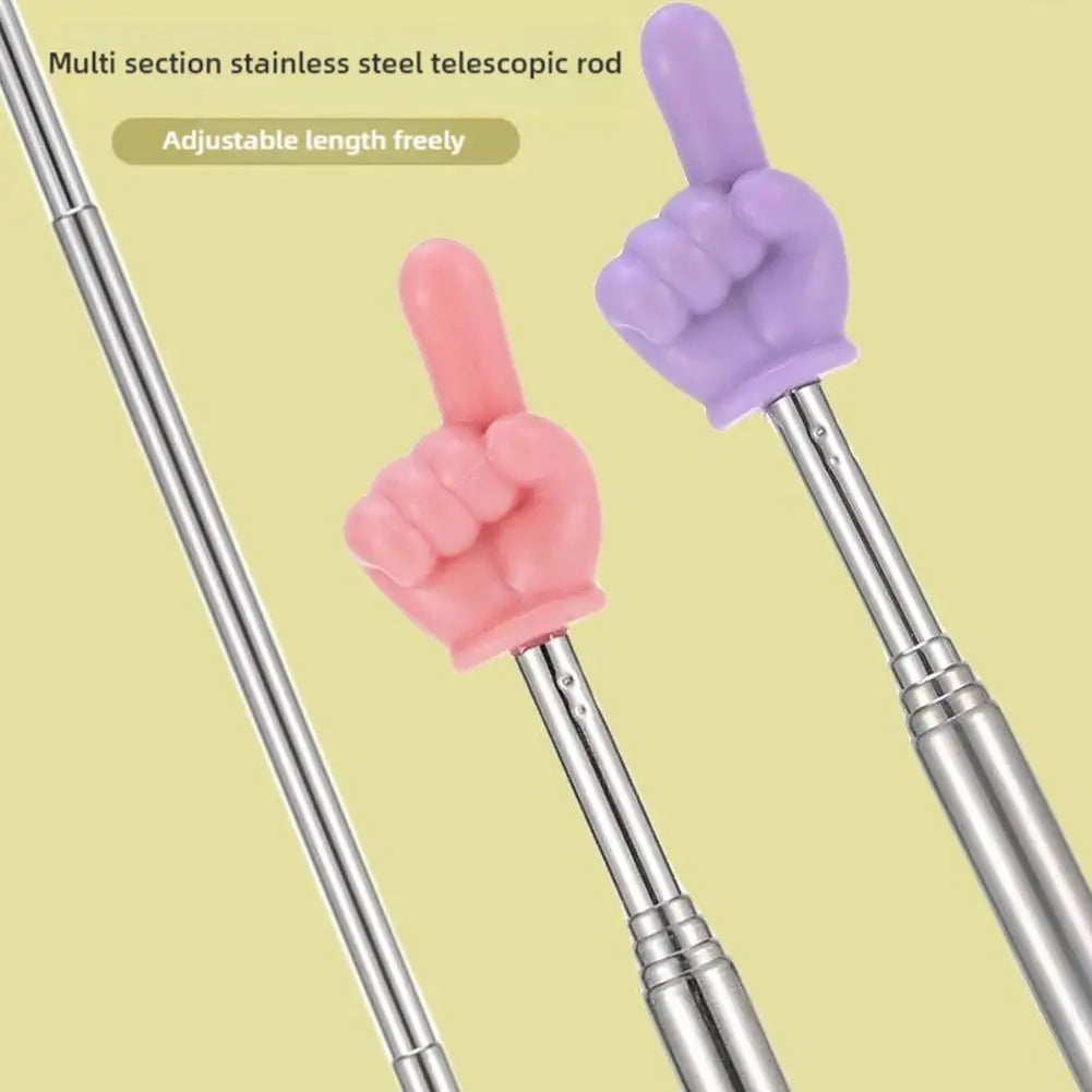 A pair of multi section stainless steel telescopic rods with pink and purple grips shown for adjustable length.