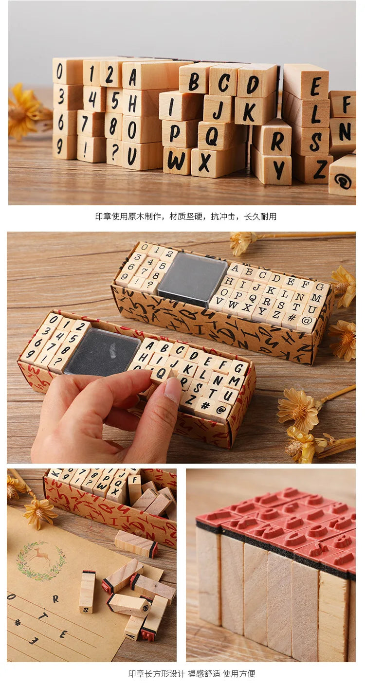 A set of vintage wooden stamp seals with alphabet letters and numbers for card making