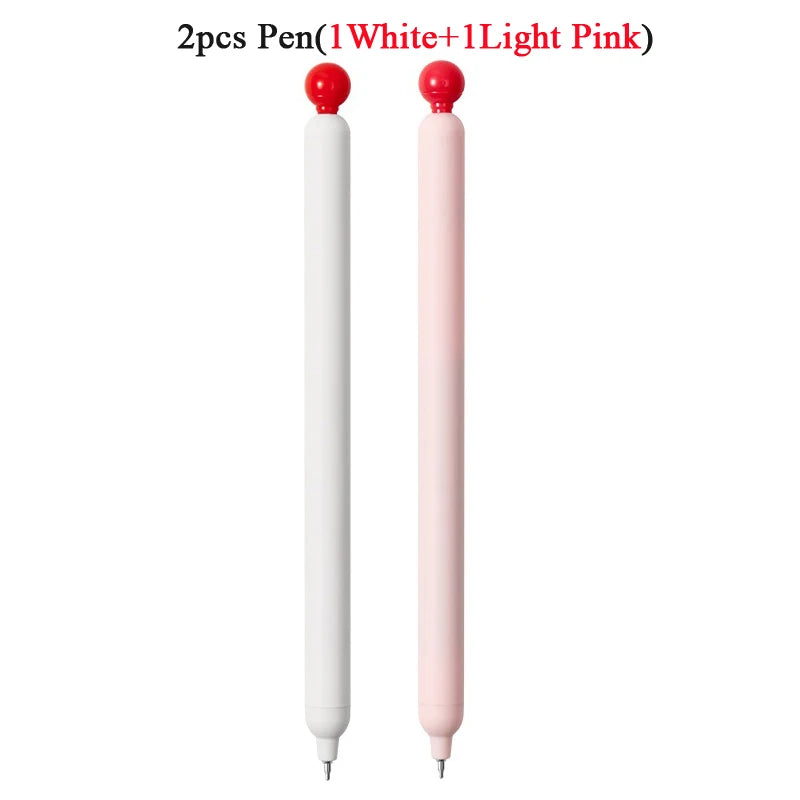 Two pens are shown, one white and one light pink, with red tips.