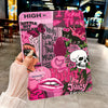 A pink and black tablet case featuring a skull design and text like I Nicked So It Ain't Funny.
