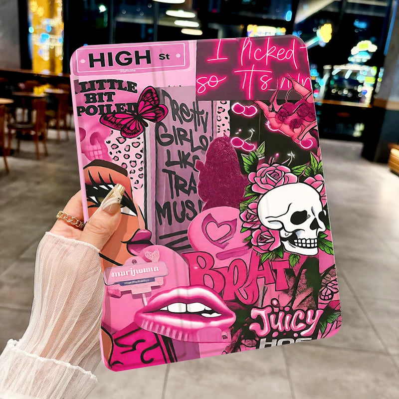 A pink and black tablet case featuring a skull design and text like I Nicked So It Ain't Funny.
