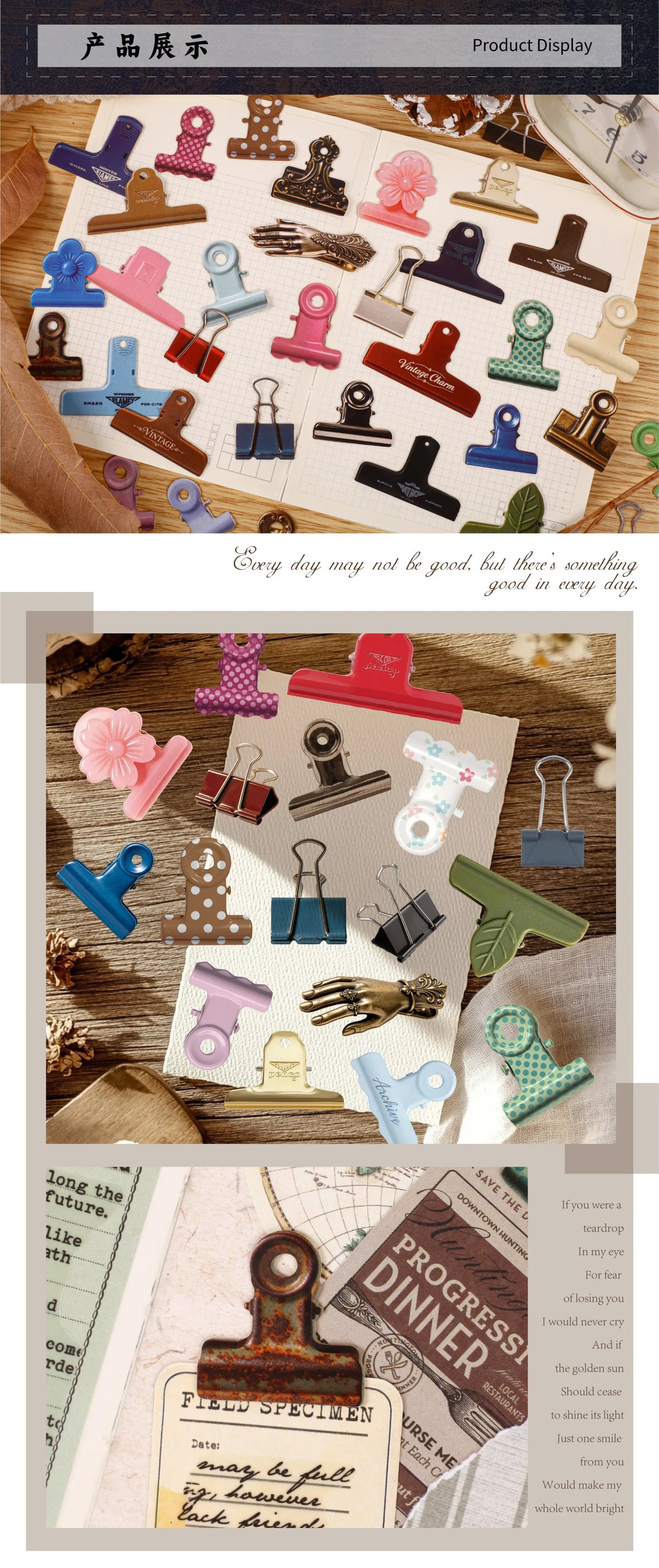 A display of vintage clip themed stickers for journaling and scrapbooking featuring various colored clips and decorative elem