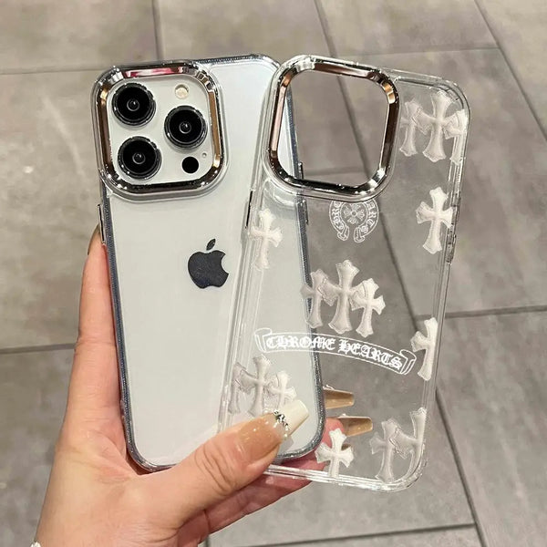 A hand holds a clear holographic gradient phone case for an iPhone, featuring a white background and cross designs.
