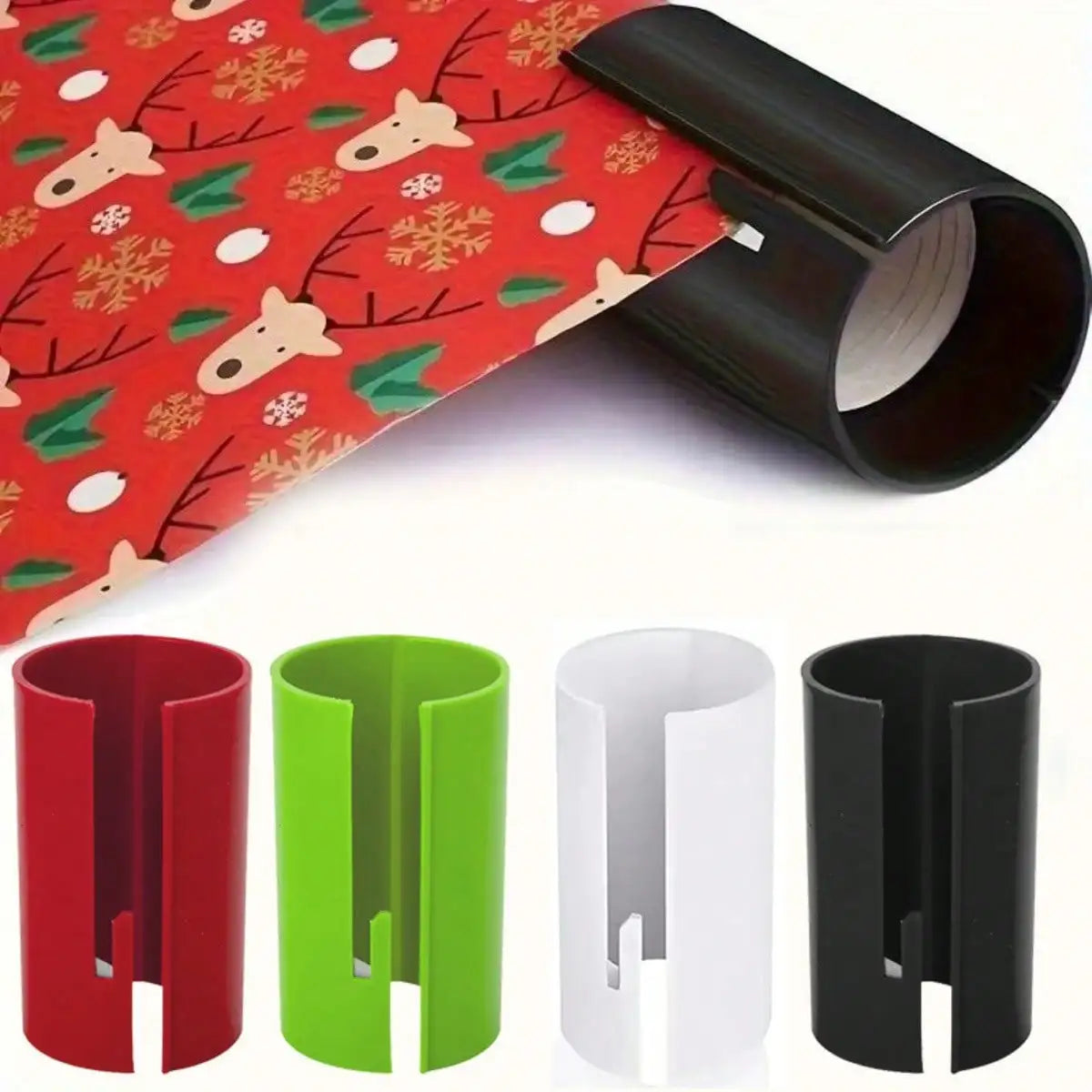 A set of portable plastic wrapping paper cutters in red, green, white, and black colors.