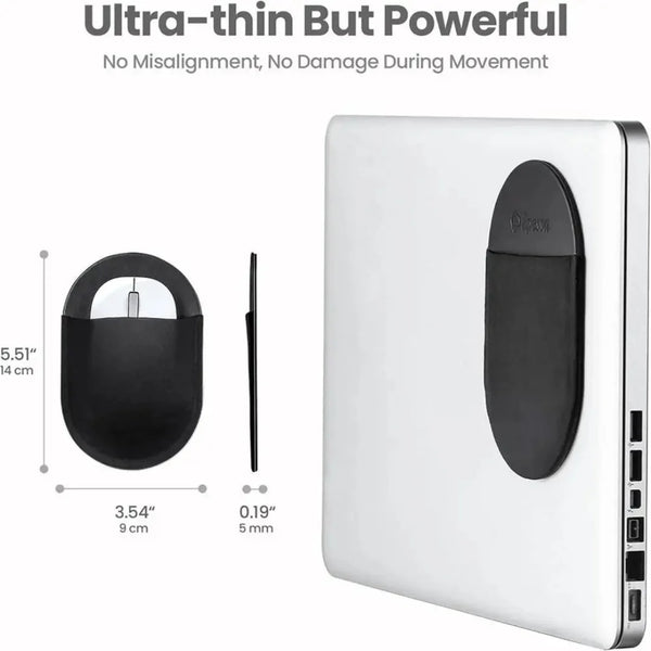 A white slim stick-on mouse holder with a black grip and a thin stick for laptop use.