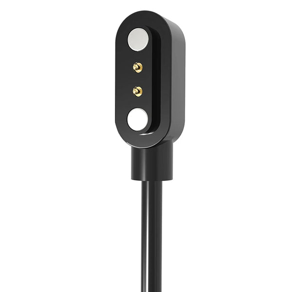 Black magnetic USB charging adapter with a cylindrical cable and two visible gold contacts.