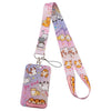 A pink and purple cartoon cat card holder lanyard with a neck strap featuring various cute cat illustrations.