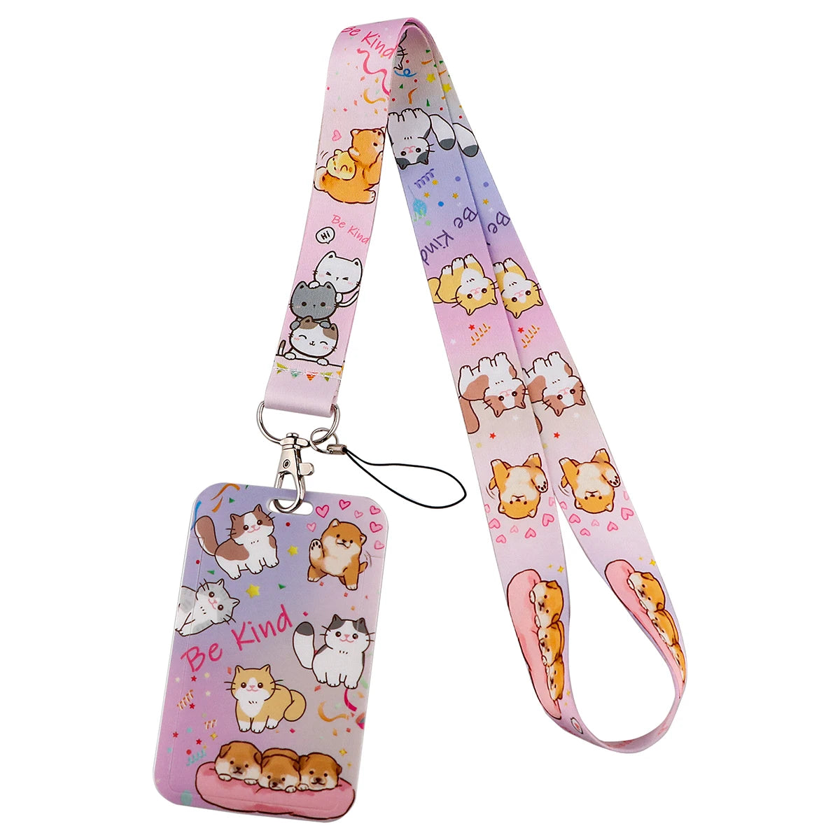 A pink and purple cartoon cat card holder lanyard with a neck strap featuring various cute cat illustrations.