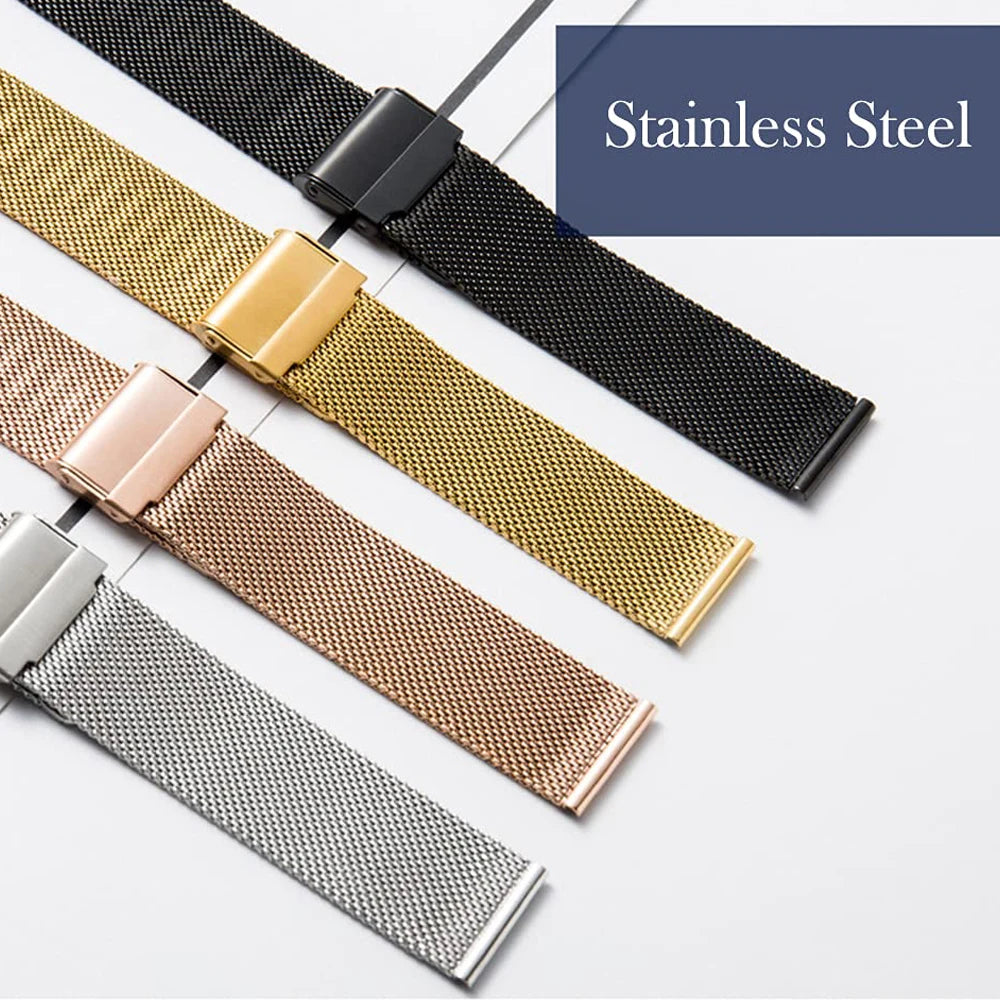 A collection of stainless steel mesh watch bands in various colors and finishes displayed diagonally.