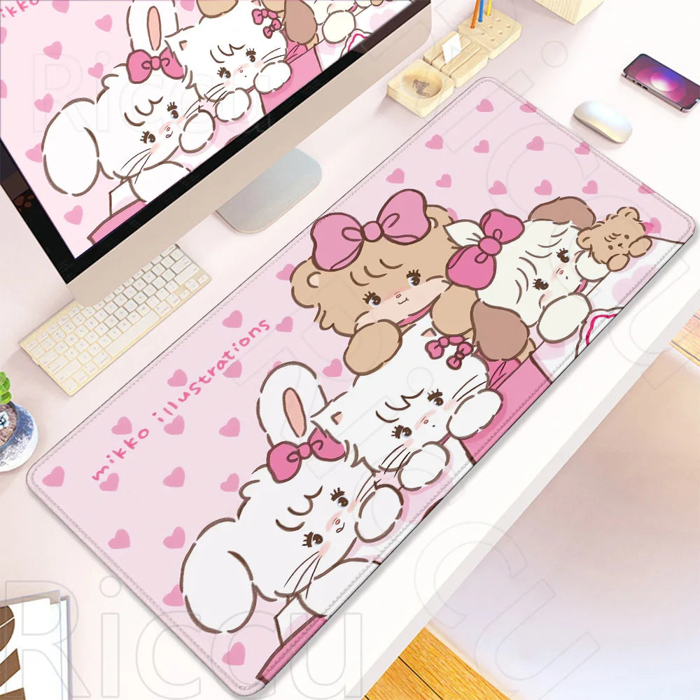 Pink cartoon illustration desk mat featuring cute white rabbits with pink bows