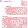 Comparison of three sizes of pink and white Japan-style gaming desk mats: 800x300mm, 900x400mm, and 220x180mm.