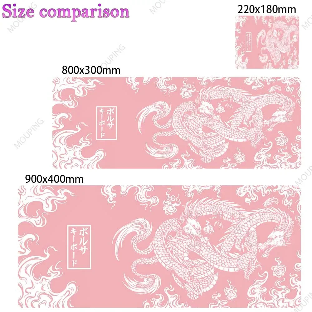 Comparison of three sizes of pink and white Japan-style gaming desk mats: 800x300mm, 900x400mm, and 220x180mm.