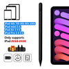 A black precision active stylus pen shown next to various iPad models and a large tablet screen.