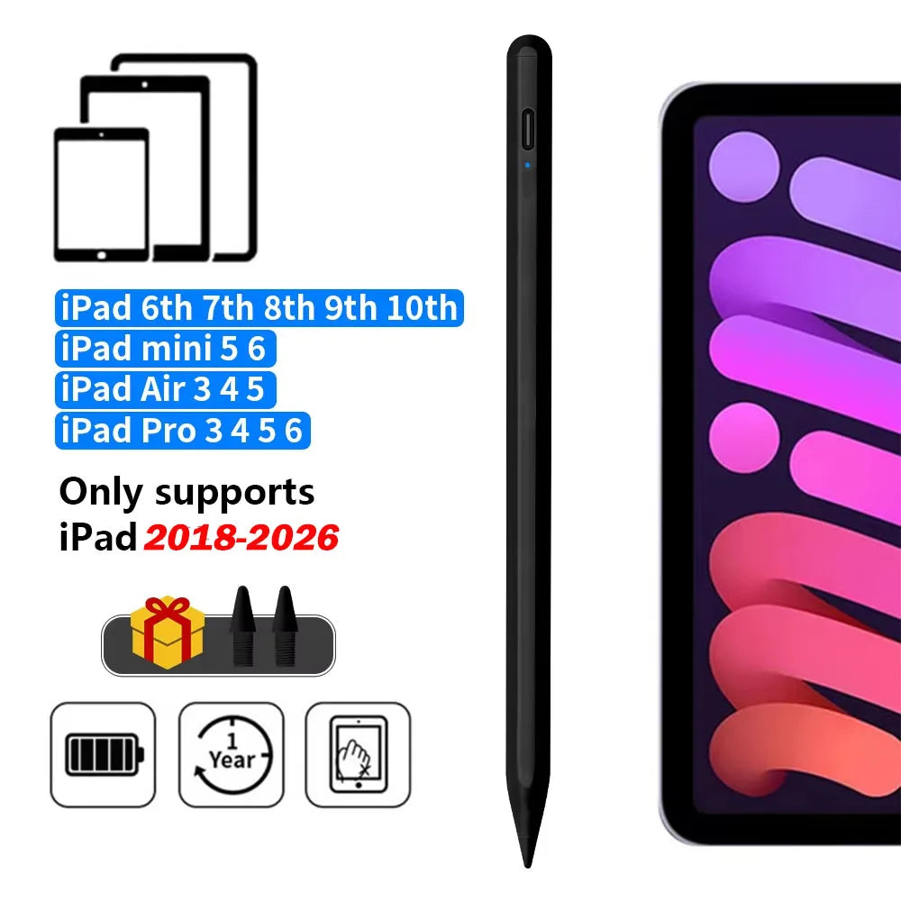 A black precision active stylus pen shown next to various iPad models and a large tablet screen.