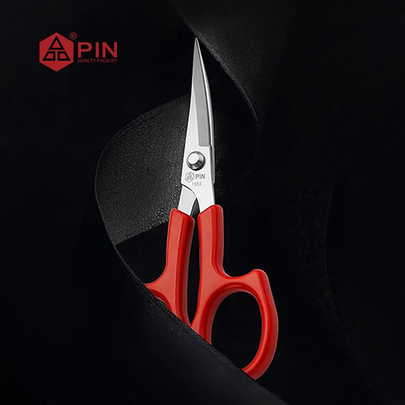 Pair of red and silver stainless steel embroidery scissors shown against a black background.