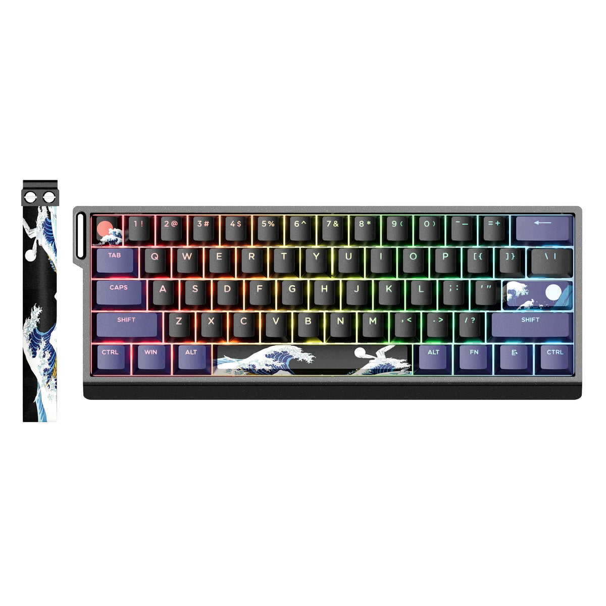 A black aluminum mechanical keyboard with hot-swappable switches shown from the front.