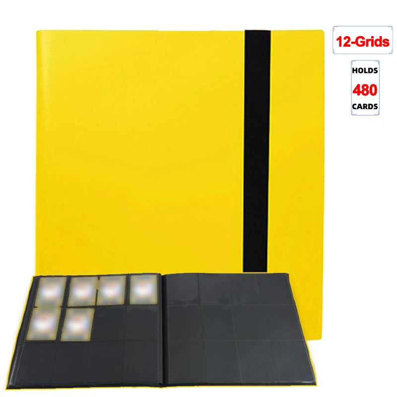 A yellow card binder album with a black spine, designed to hold 480 cards and featuring 12 grids.