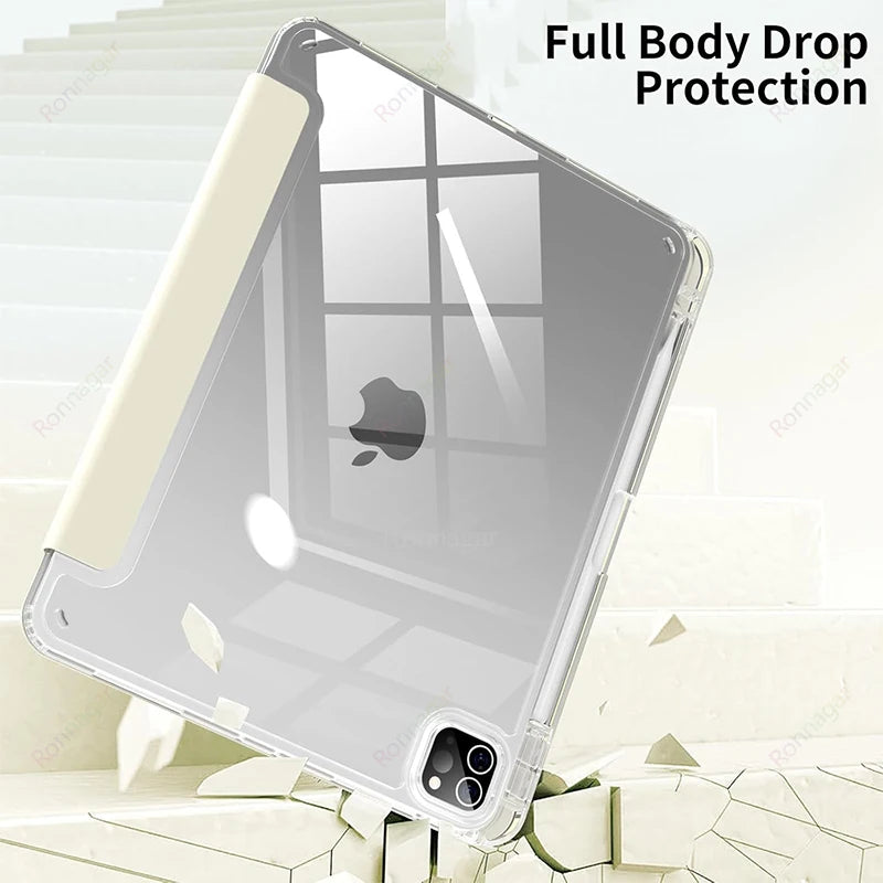 A clear protective case for an Apple iPad showing full body drop protection against a white background.