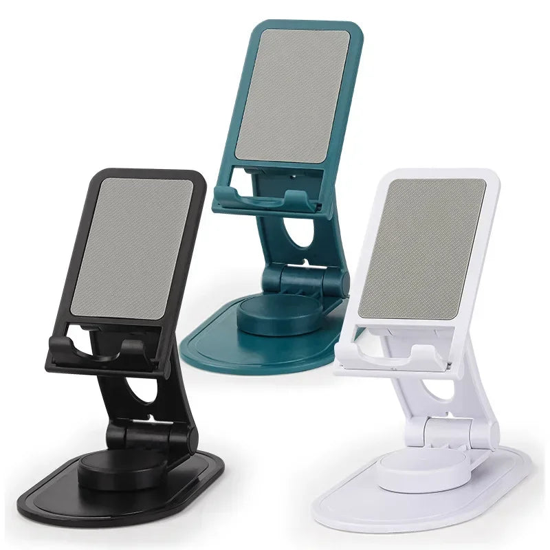A set of three adjustable desktop stands for phones and tablets in black, teal, and white.