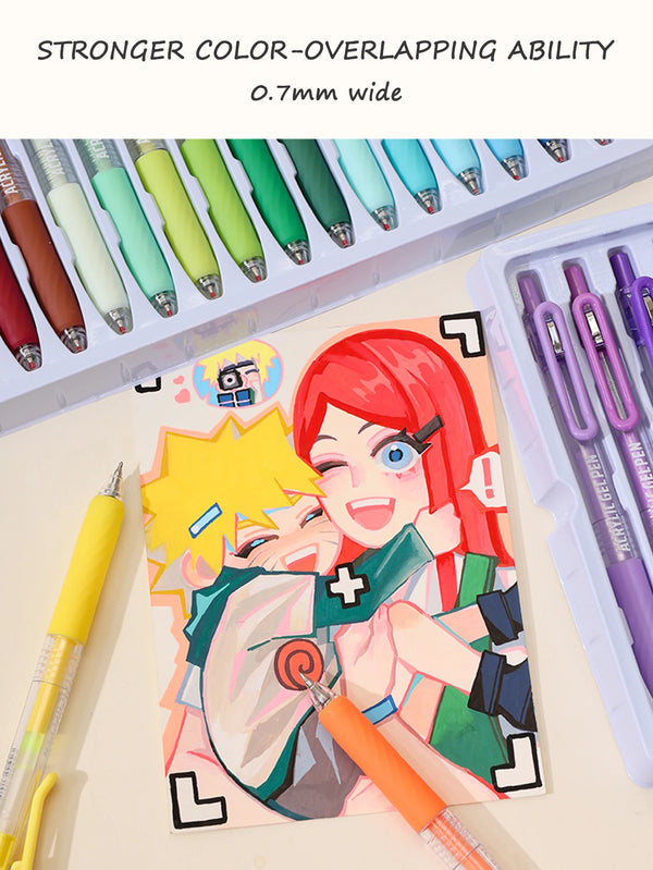 A set of 0.7mm wide color-overlapping acrylic gel pens shown next to a colorful illustration.