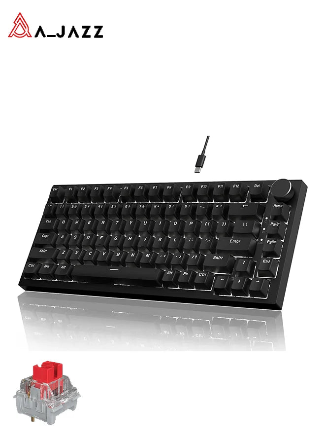 A black 75% mechanical gaming keyboard with hot-swappable red switches and a separate PCB shown on a white background.