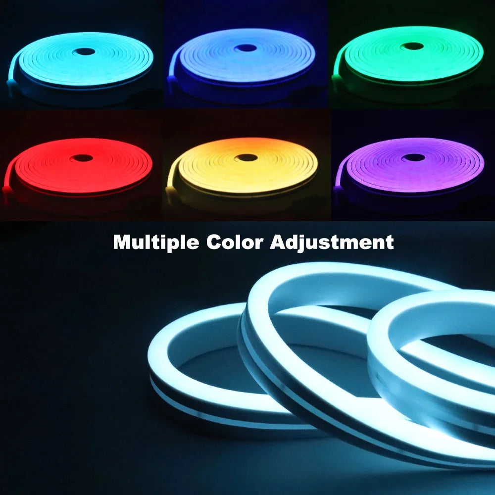 Una exhibición mostrando múltiples ajustes de color de tiras de luces LED flexibles, incluyendo azul, verde, rojo y morado.
