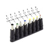 A set of 34 laptop charger connector tips labeled A through H with various sizes and dimensions shown in a grid.