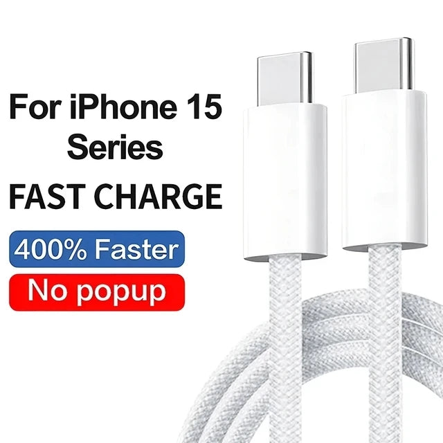 White fast charging cable and connector for iPhone 15 Series with a no popup feature.