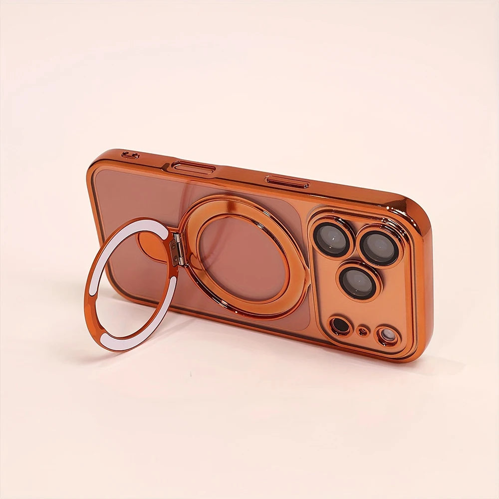 A glossy orange magnetic phone case with a stand for an iPhone is shown on a light background.