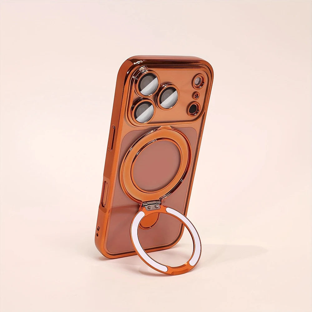 A magnetic phone case with a stand for an iPhone in a warm orange color.