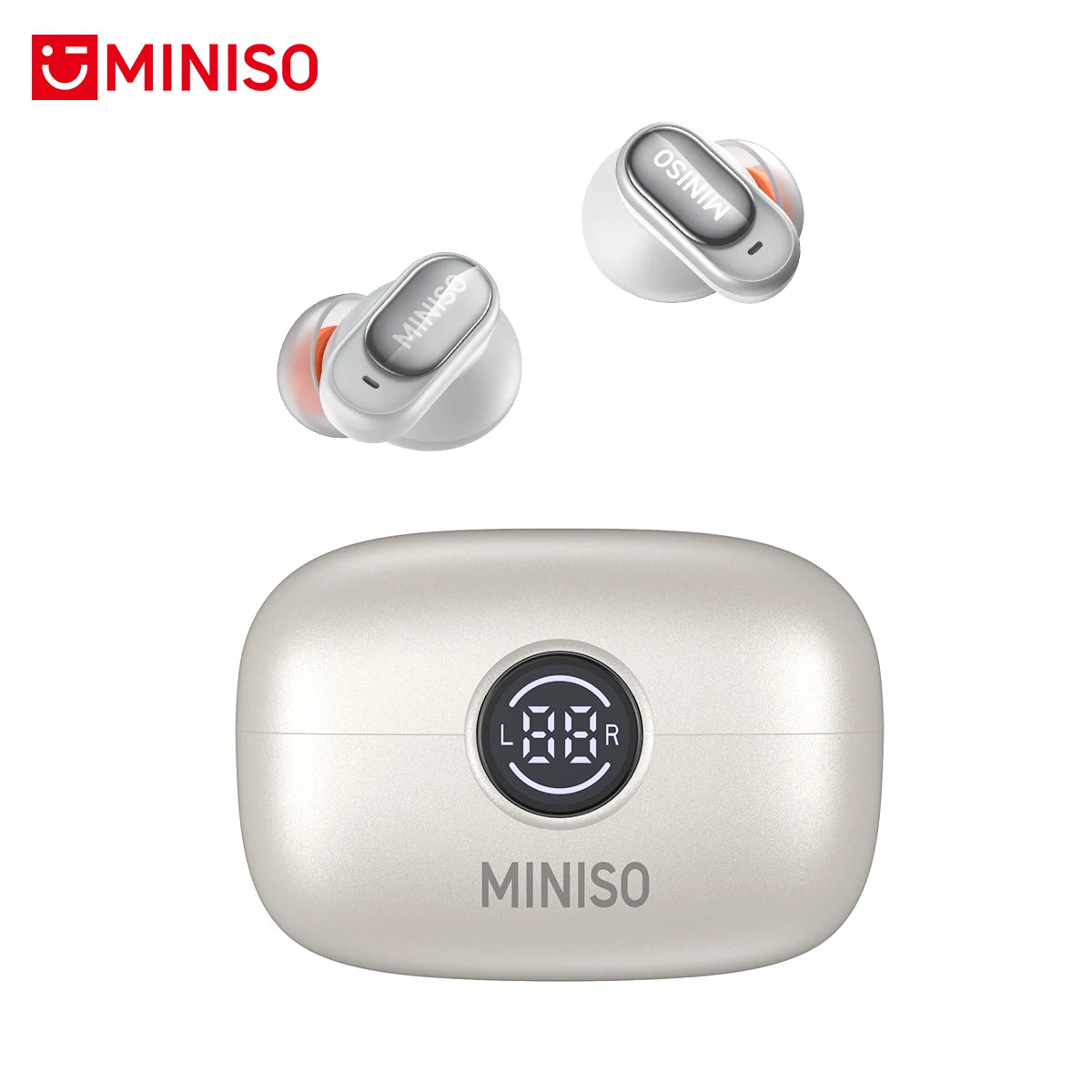 A silver wireless earphone case and a white Bluetooth earphone with a microphone.