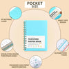A light blue A6 password keeper notebook with spiral binding and alphabetical tabs.