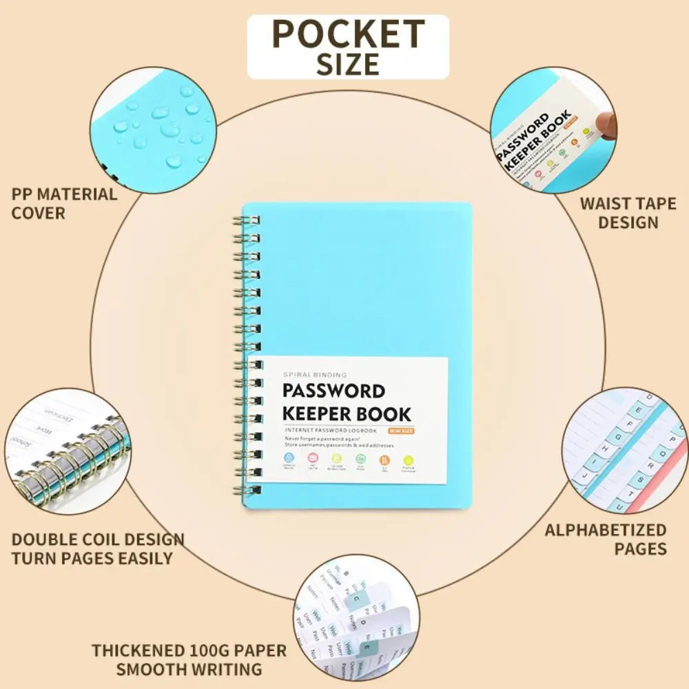 A light blue A6 password keeper notebook with spiral binding and alphabetical tabs.