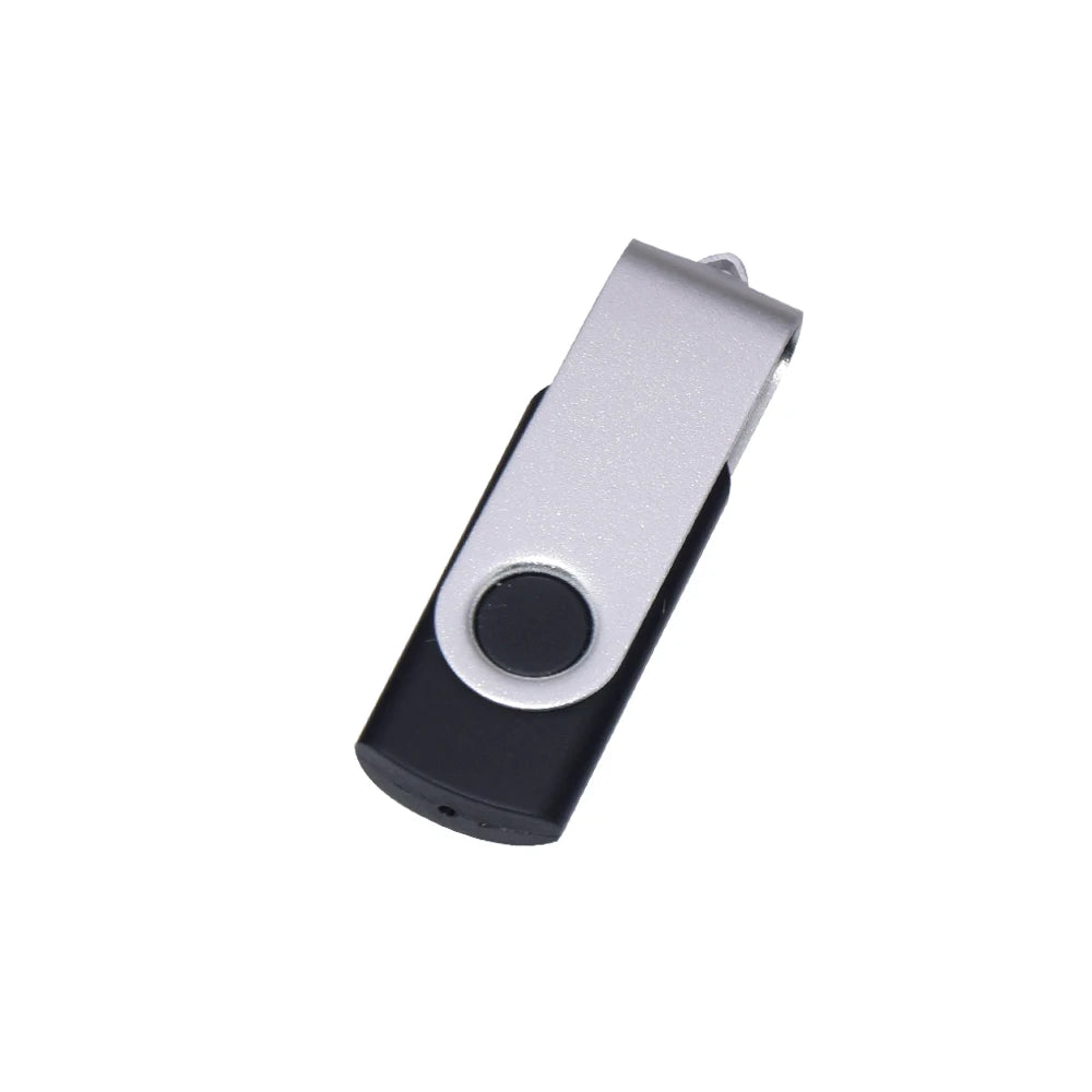 Silver and black rotatable USB flash drive with a round button.