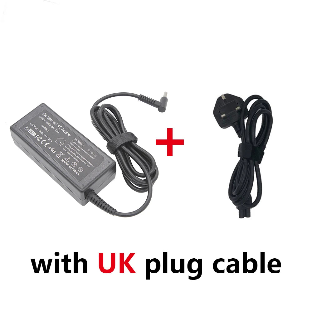 High-power laptop charger adapter with a black cable and UK plug cable.
