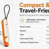 An orange folding bracket adapter is shown next to a set of keys, demonstrating its compact and travel-friendly design.