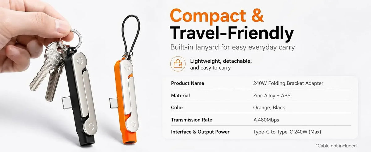 An orange folding bracket adapter is shown next to a set of keys, demonstrating its compact and travel-friendly design.