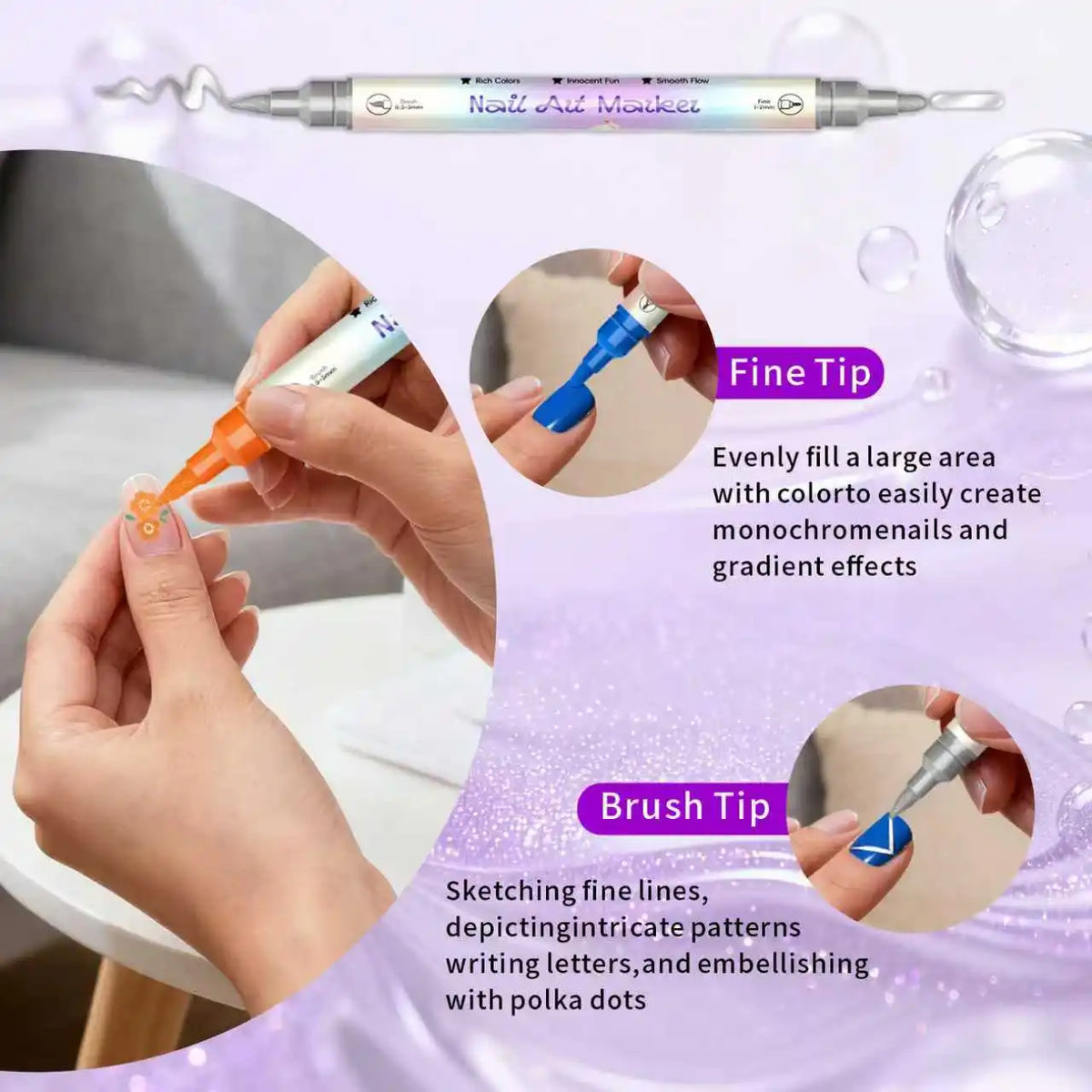 A set of two double-headed nail art pens is shown being used to create monochromatic and gradient effects on a nail.