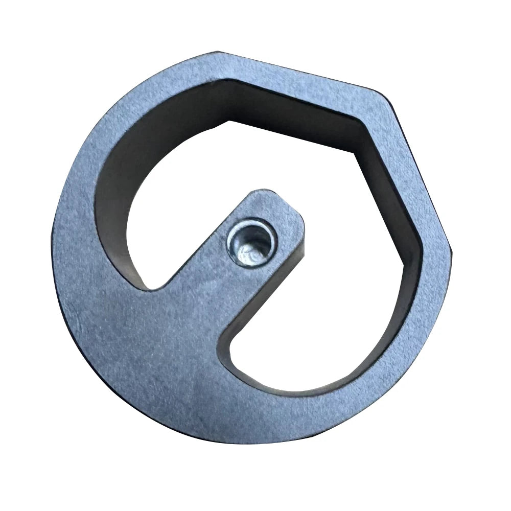 Soporte trípode portátil metálico gris ajustable con forma hexagonal y orificio roscado central.