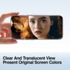 A hand holds a smartphone with a clear and translucent screen protector applied, showing the original screen colors.