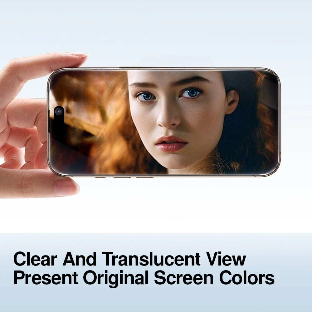 A hand holds a smartphone with a clear and translucent screen protector applied, showing the original screen colors.