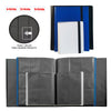 A black and blue card binder album with side-loading pockets and multiple grid options shown in various configurations.