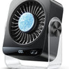 A black desk fan with a circular grille and a blue light, resting in a clear plastic base.