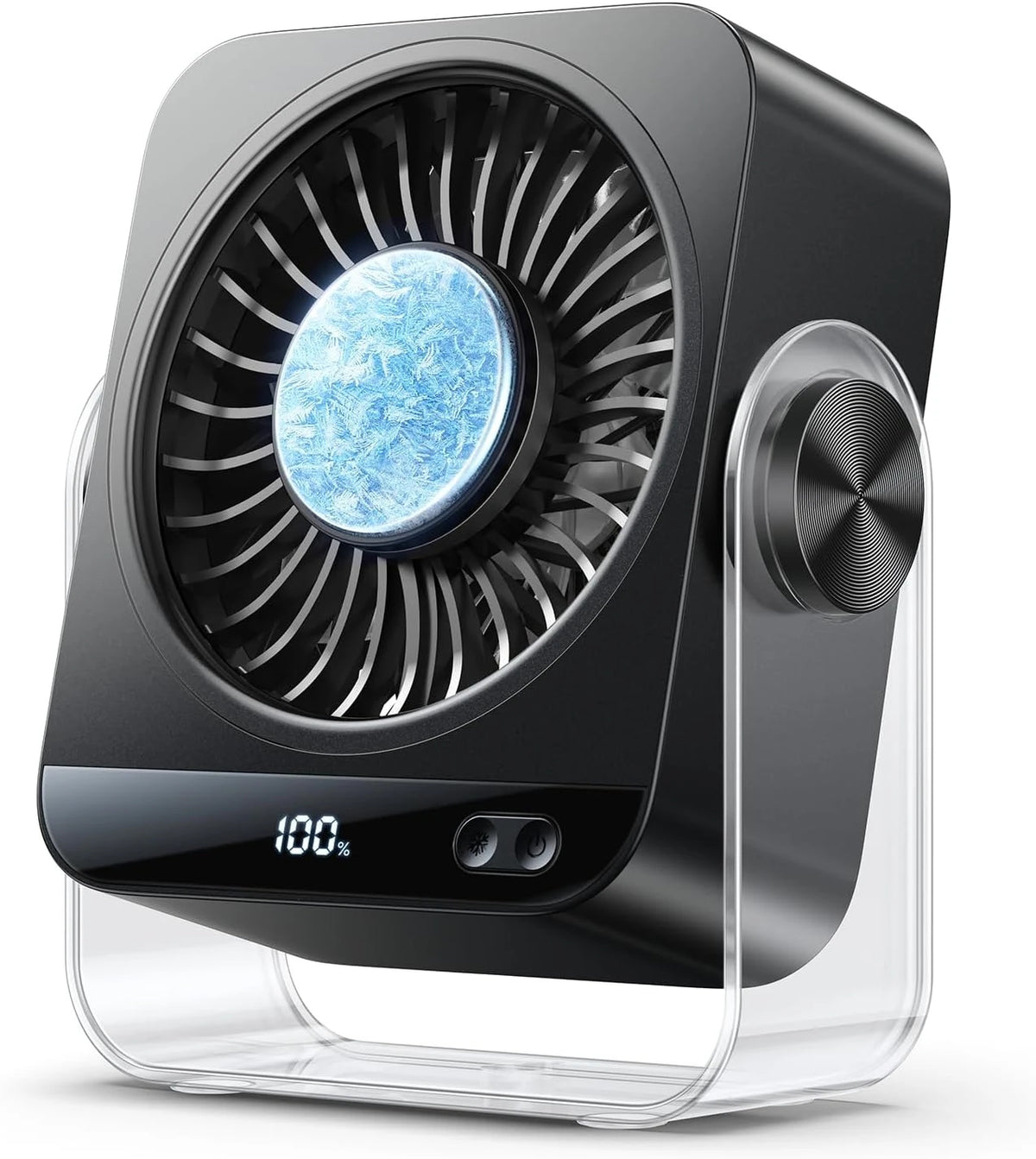 A black desk fan with a circular grille and a blue light, resting in a clear plastic base.